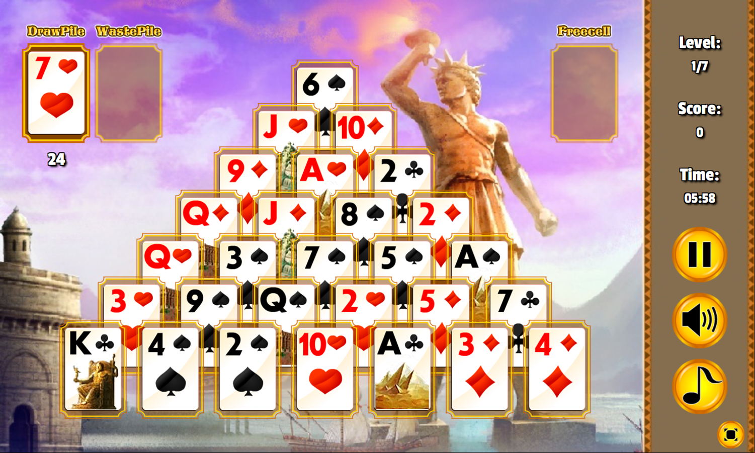 Ancient Wonders Solitaire Game Start Screenshot.