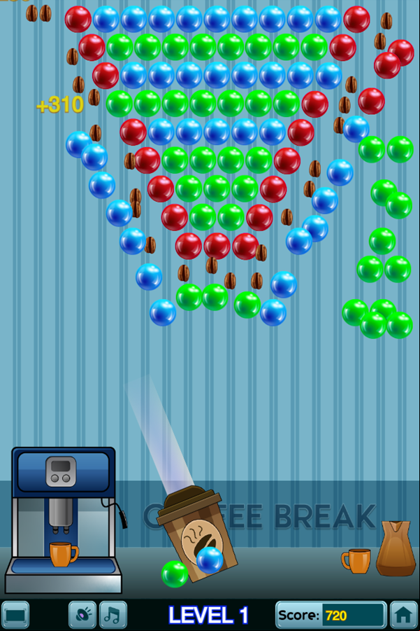 Coffee Break Bubble Shooter Game Level Play Screenshot.