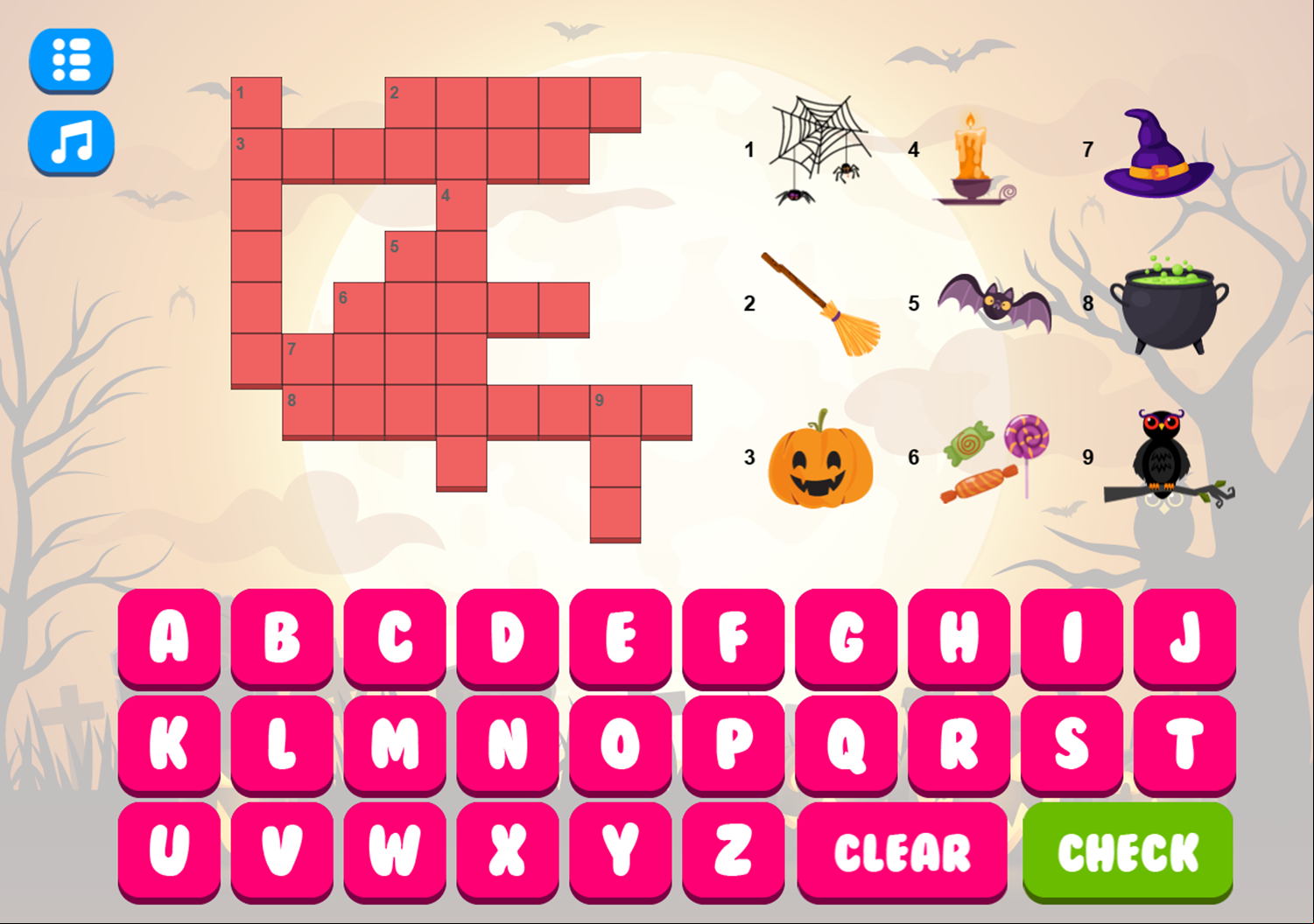 Halloween Crossword for Kids Game Level Start Screenshot.